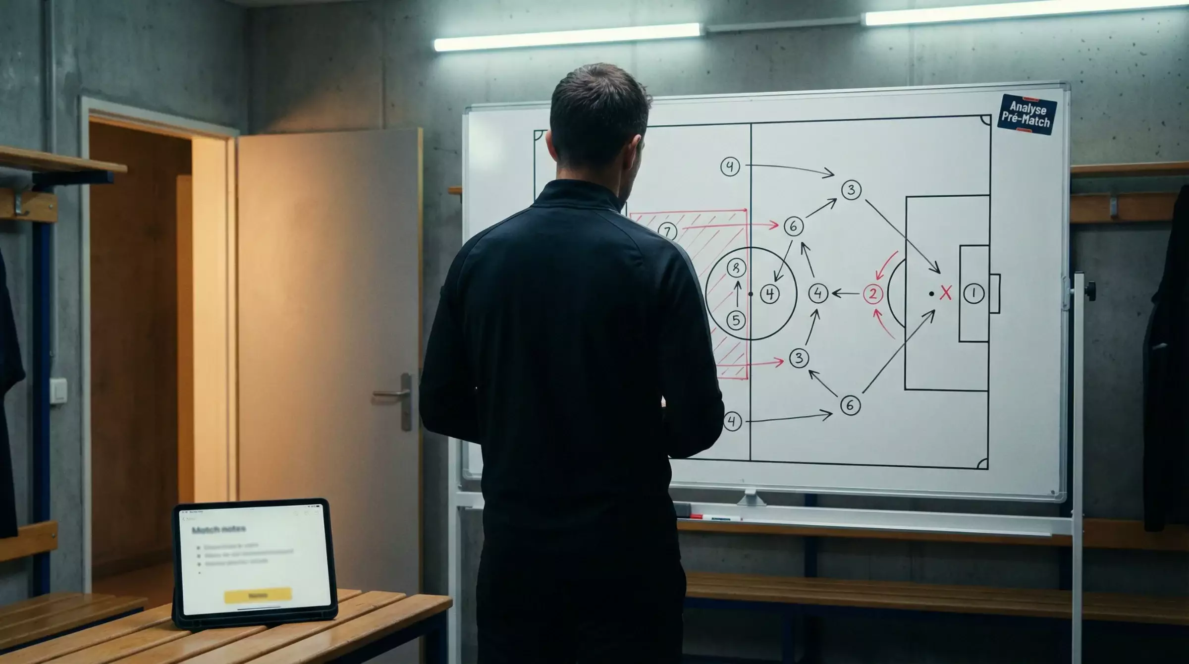 Entraîneur de football analysant la tactique d'un match sur un tableau blanc dans un vestiaire