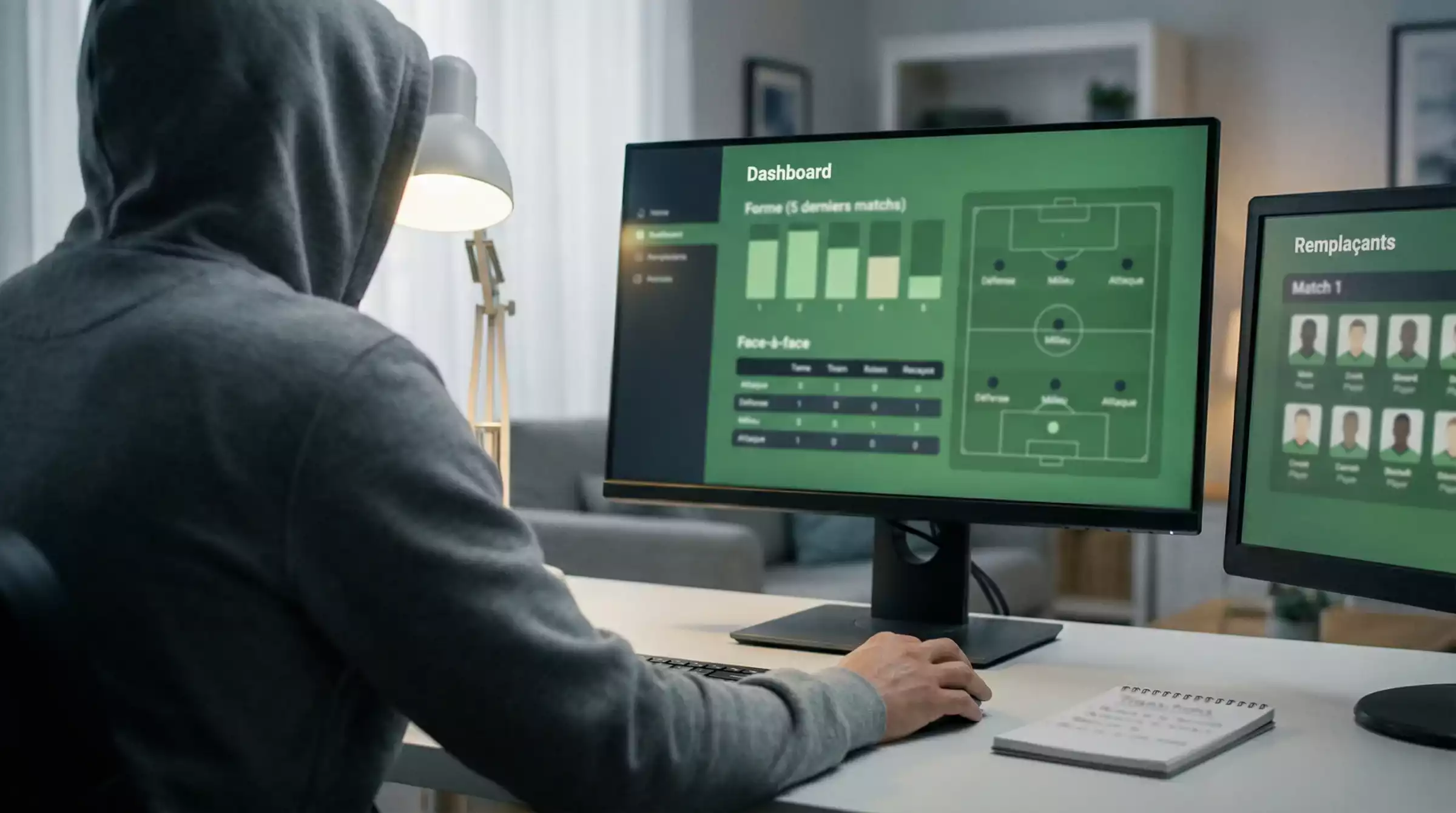 Personne analysant des statistiques de football sur un ordinateur portable avec données de forme récente et confrontations directes