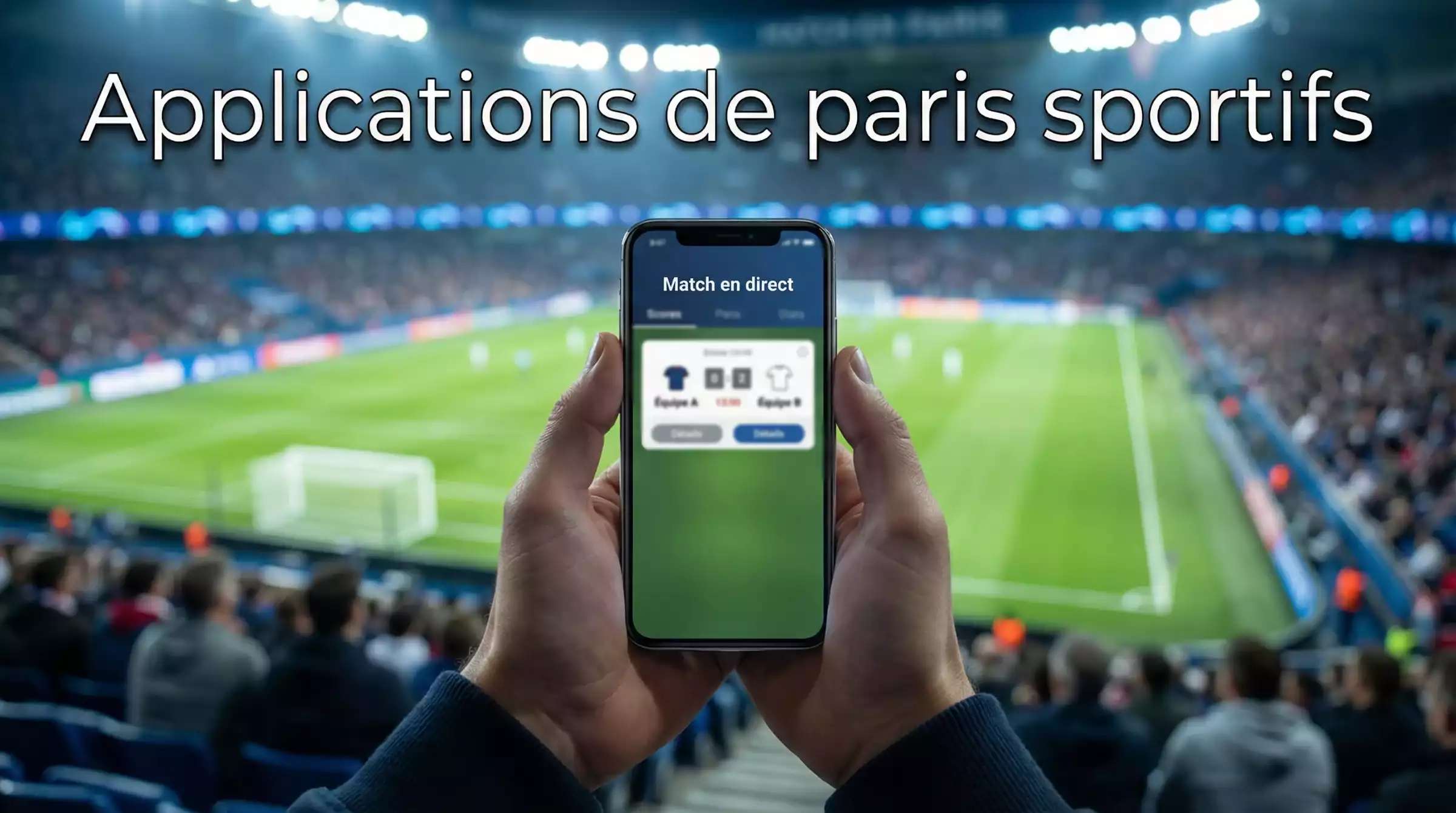 Personne tenant un smartphone dans les tribunes d'un stade de football avec la pelouse verte visible en fond