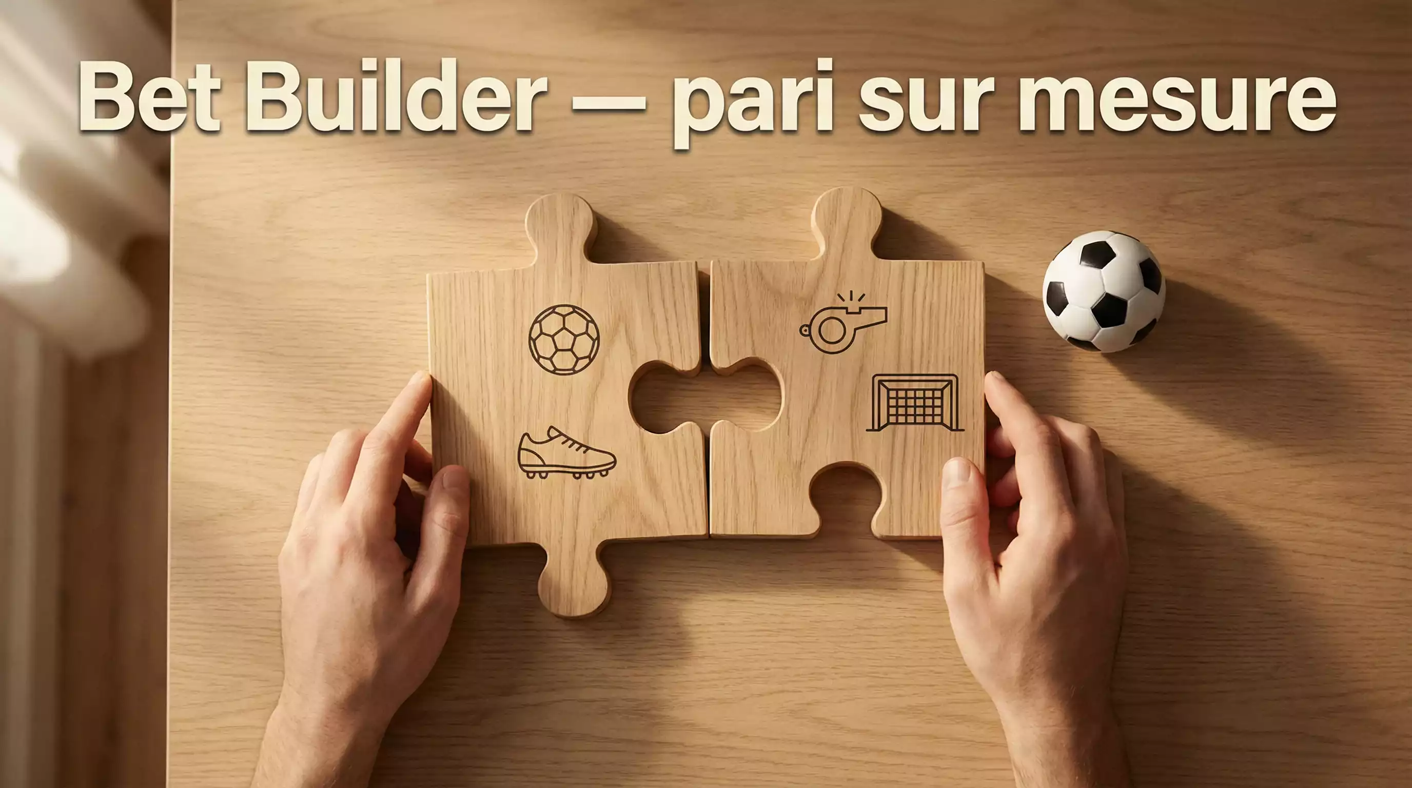 Mains d'une personne assemblant des pièces de puzzle sur une table avec un ballon de football miniature à côté