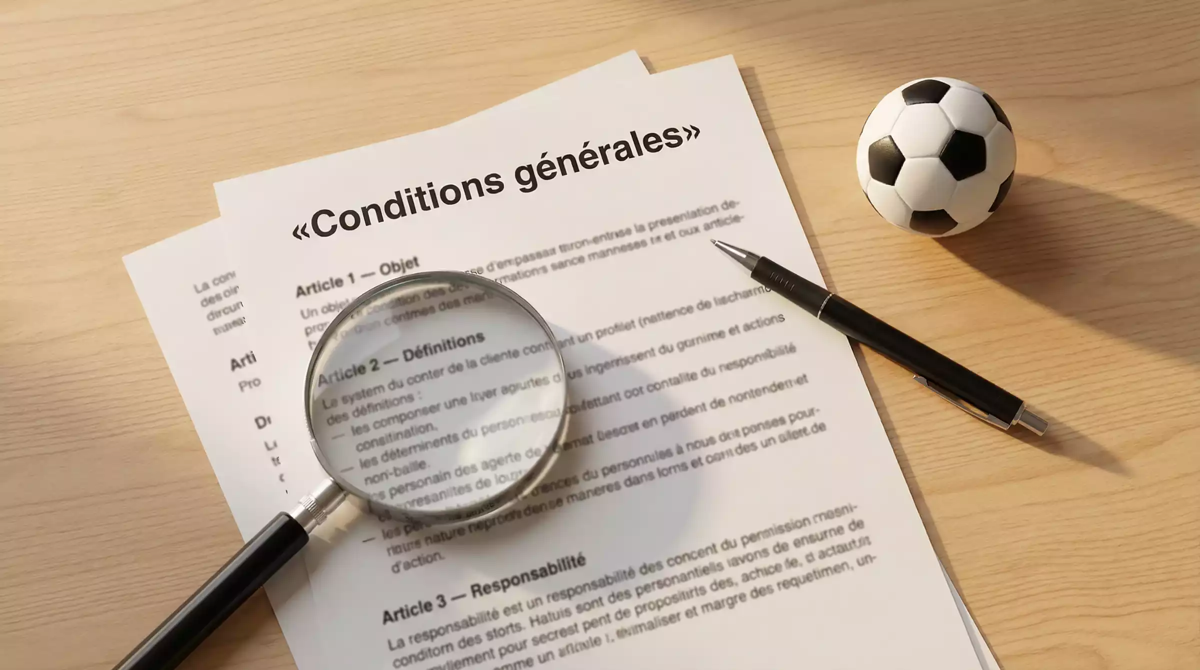 Document imprimé avec des conditions de bonus posé sur un bureau à côté d'un stylo et d'un ballon de football miniature