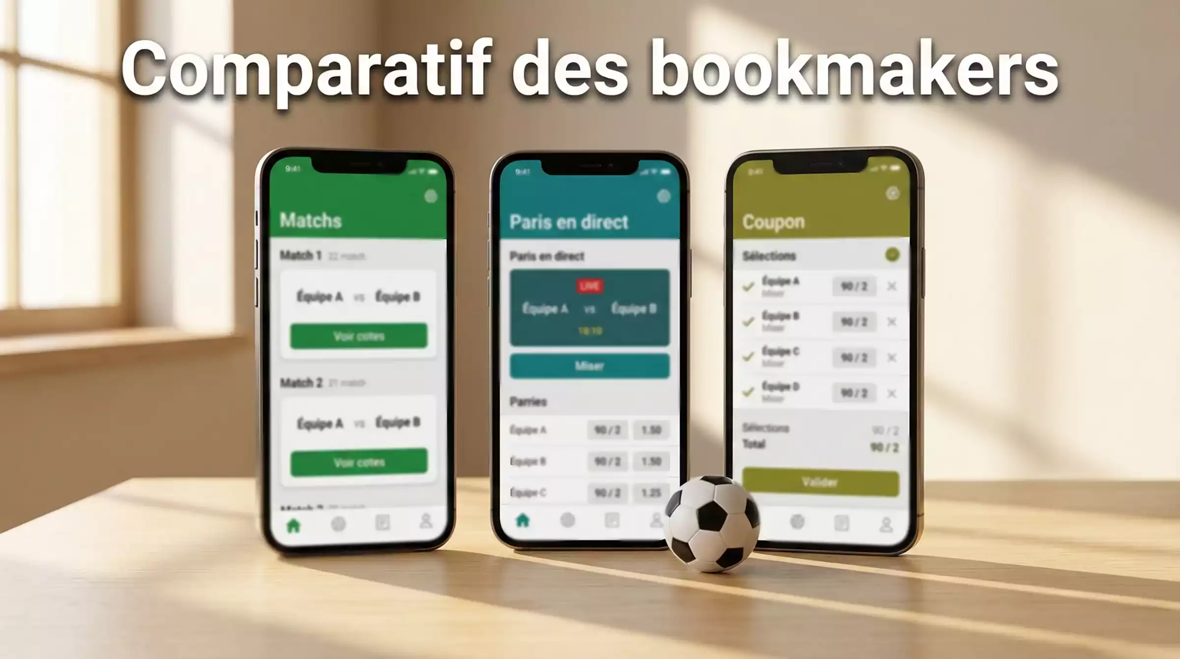 Trois smartphones alignés sur une table montrant différentes interfaces de paris sportifs avec un ballon de football entre eux