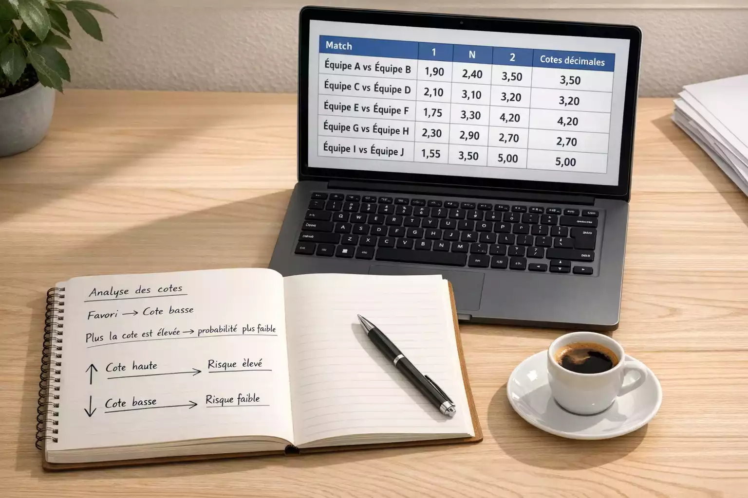 Gros plan sur un tableau de cotes décimales football affiché sur un écran d'ordinateur avec carnet de notes à côté