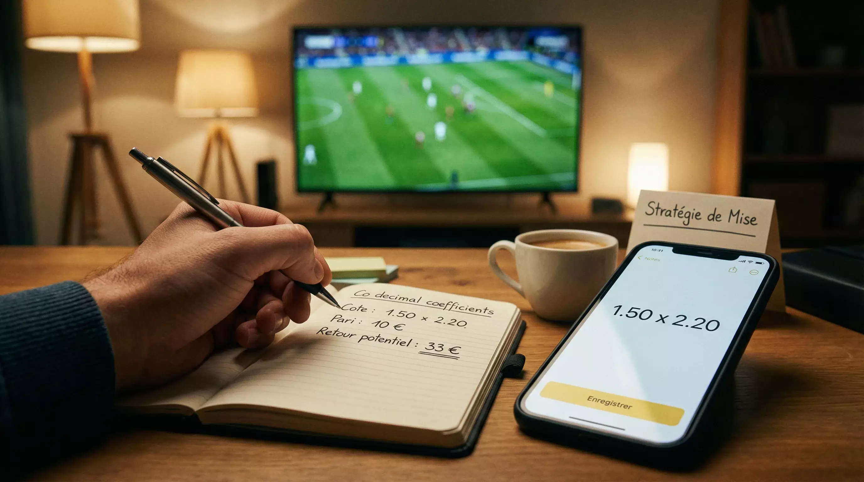 Main d'un parieur pointant des cotes de football affichées sur un grand écran dans une salle de paris sportifs