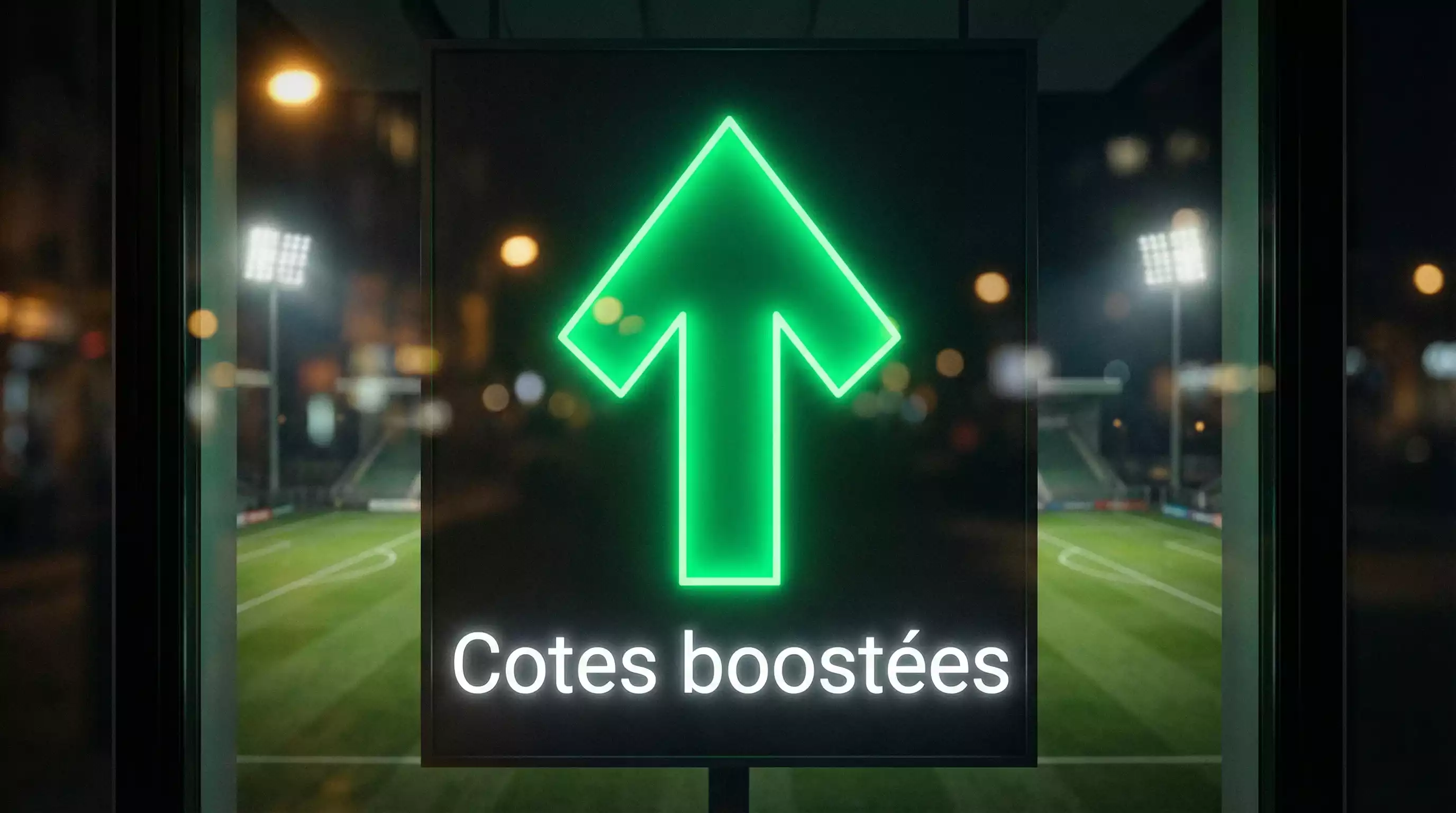 Panneau lumineux avec une flèche pointant vers le haut dans une vitrine sur fond de stade de football flou