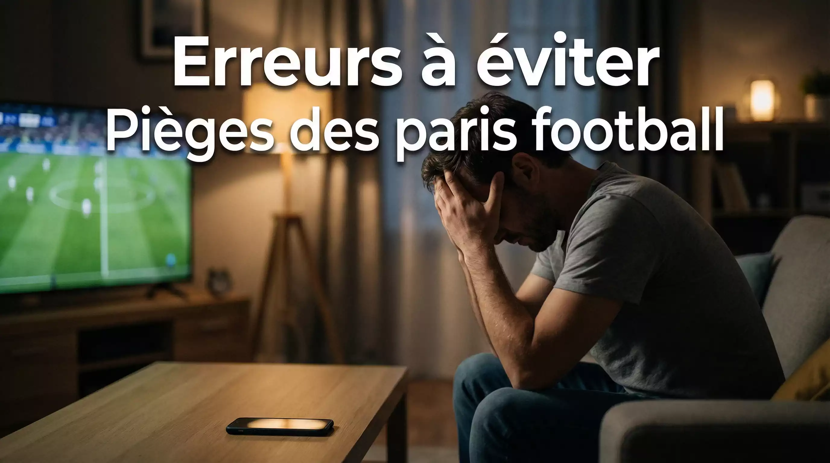 Homme se tenant la tête devant un écran de smartphone éteint dans un salon sombre après un match de football