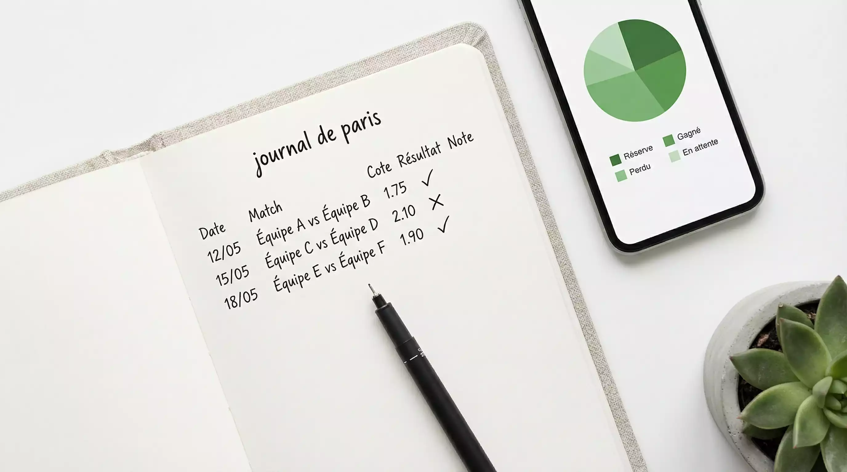 Carnet de suivi de paris sportifs ouvert sur un bureau à côté d'un stylo et d'un symbole euro