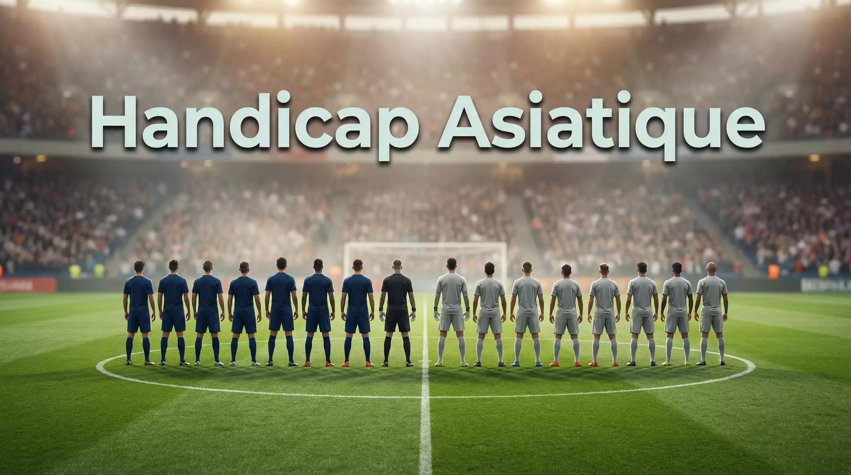 Terrain de football vu depuis les tribunes avec deux équipes en position de coup d'envoi