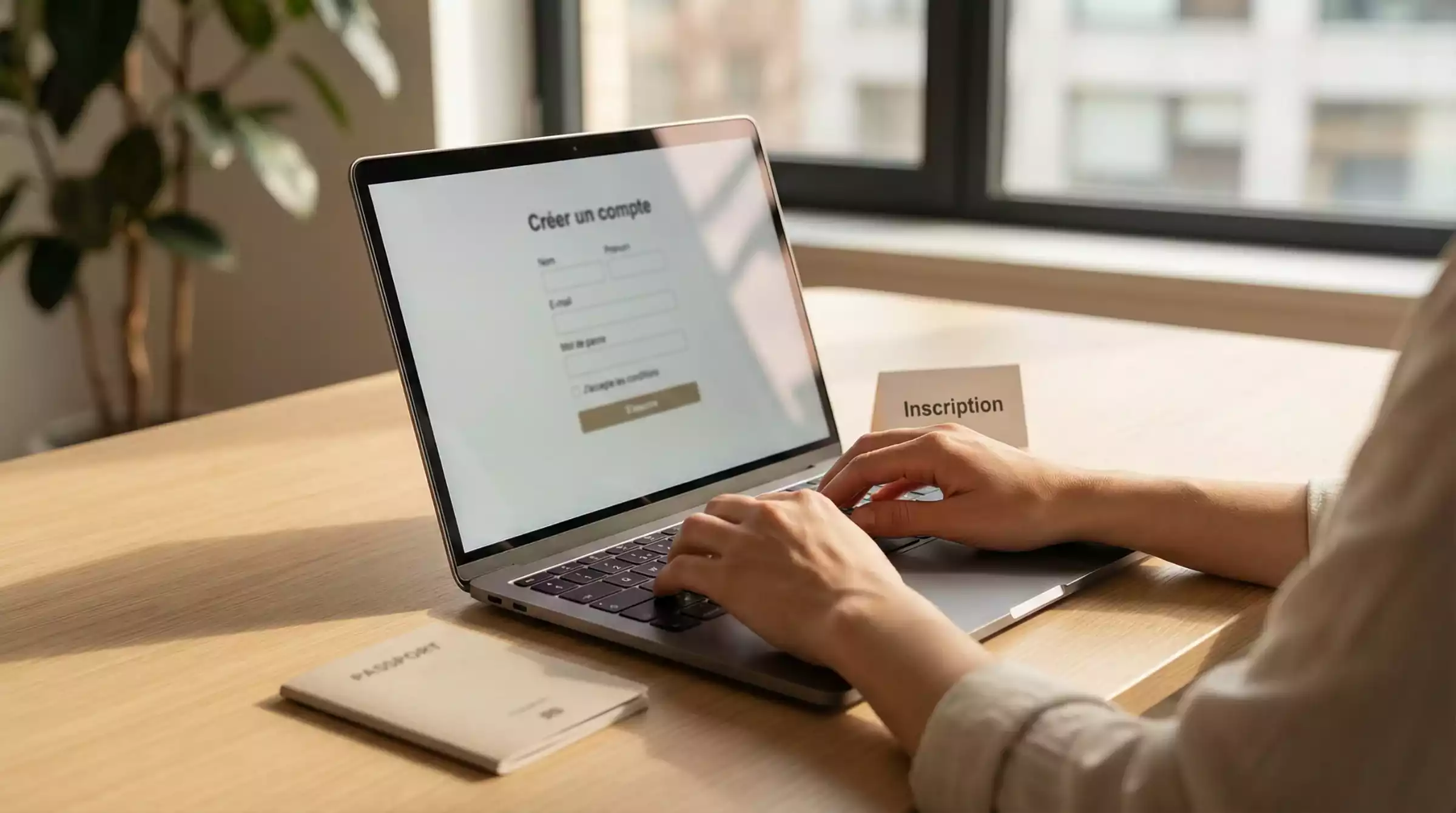 Personne remplissant un formulaire en ligne sur un ordinateur portable dans un espace de travail lumineux