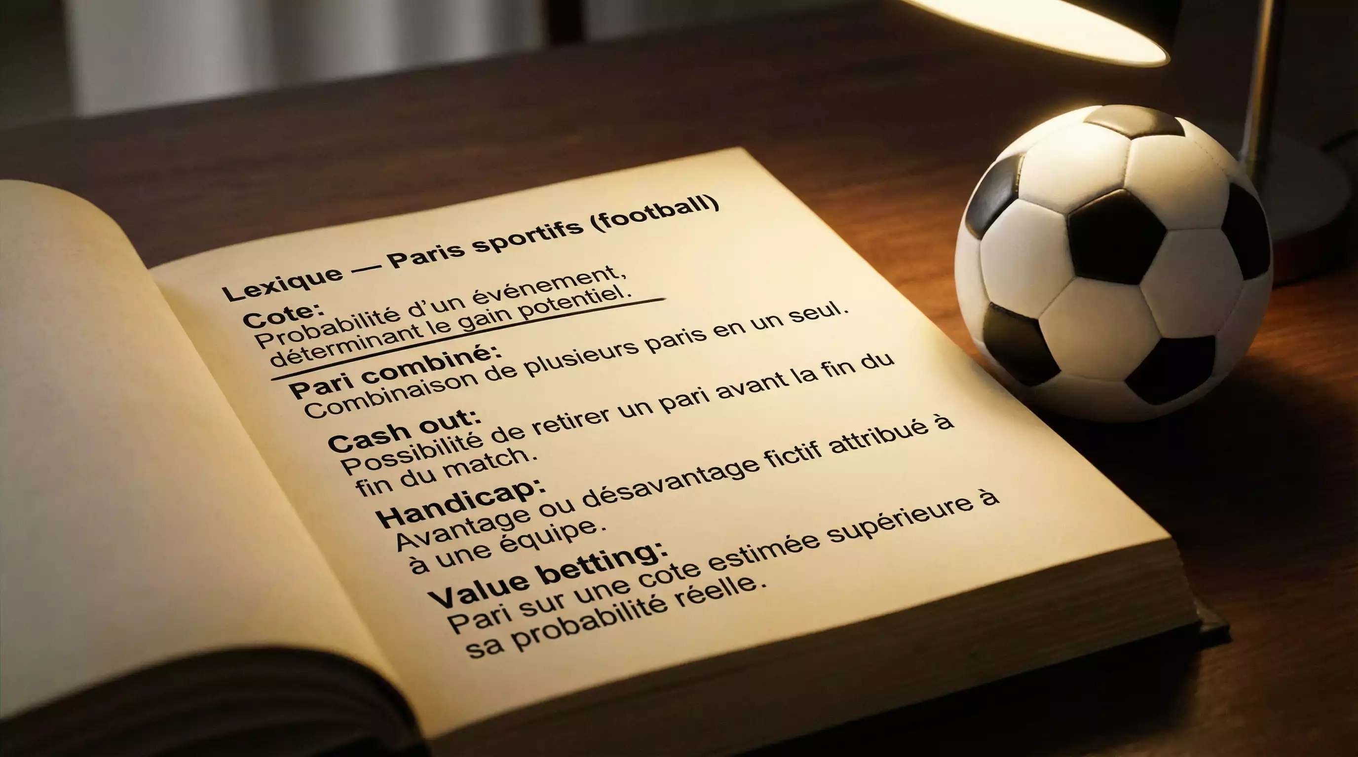 Dictionnaire ouvert sur un bureau avec un ballon de football posé à côté et un stylo marquant une page