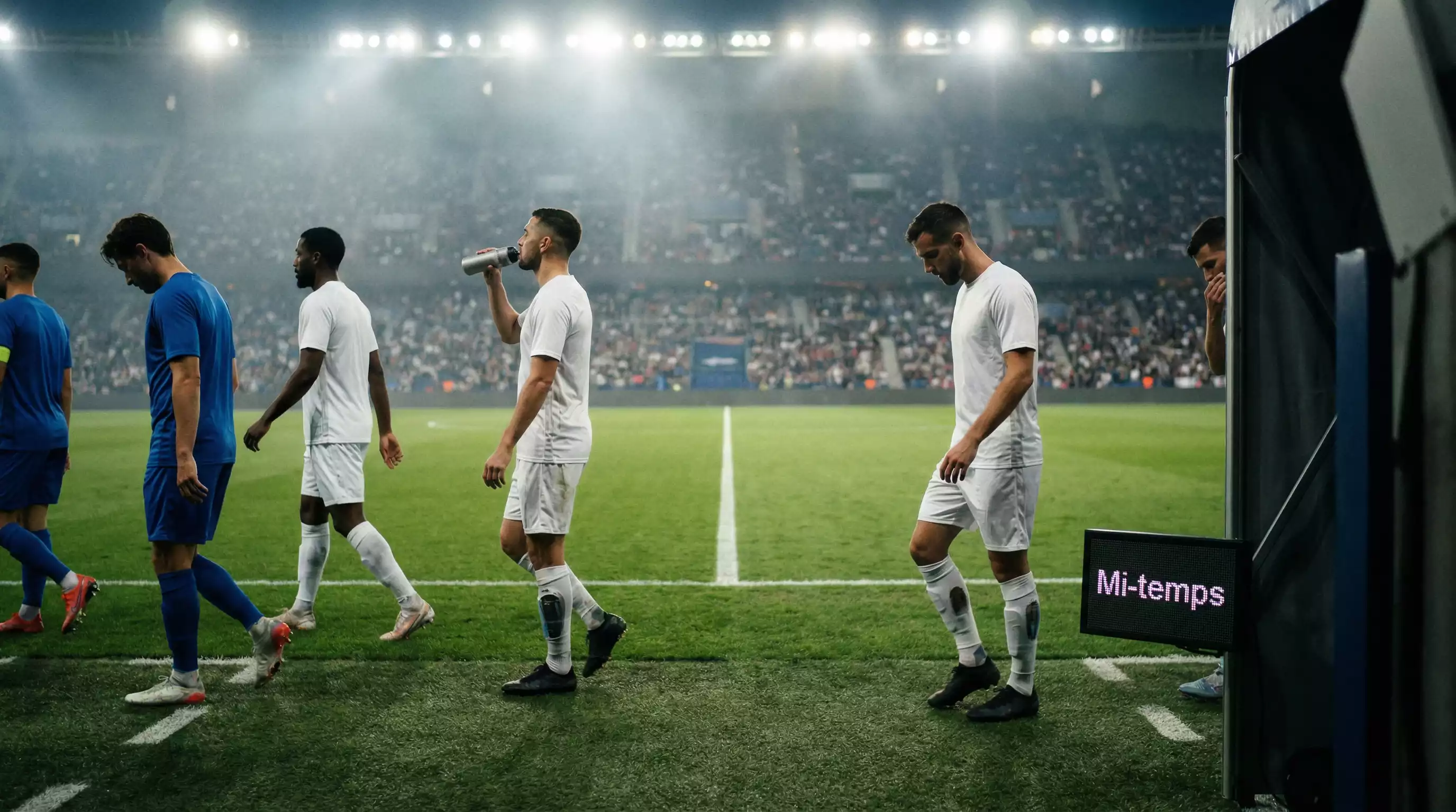 Joueurs de football regagnant le tunnel du stade à la mi-temps sous les projecteurs avec la pelouse verte en arrière-plan