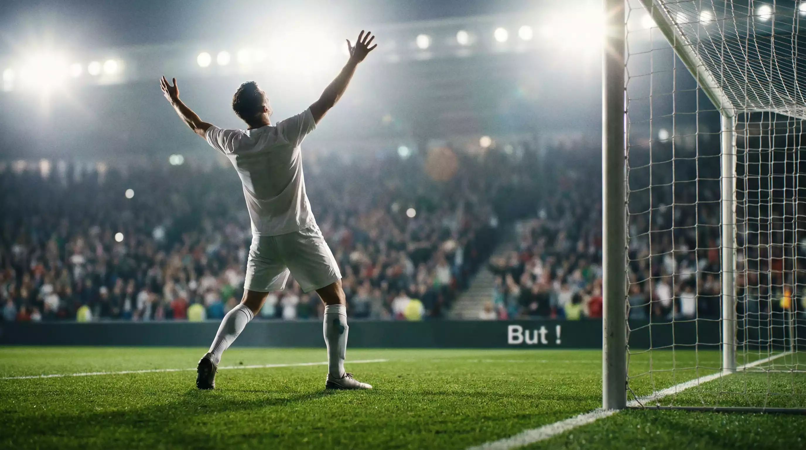 Attaquant de football célébrant un but dans un stade sous les projecteurs