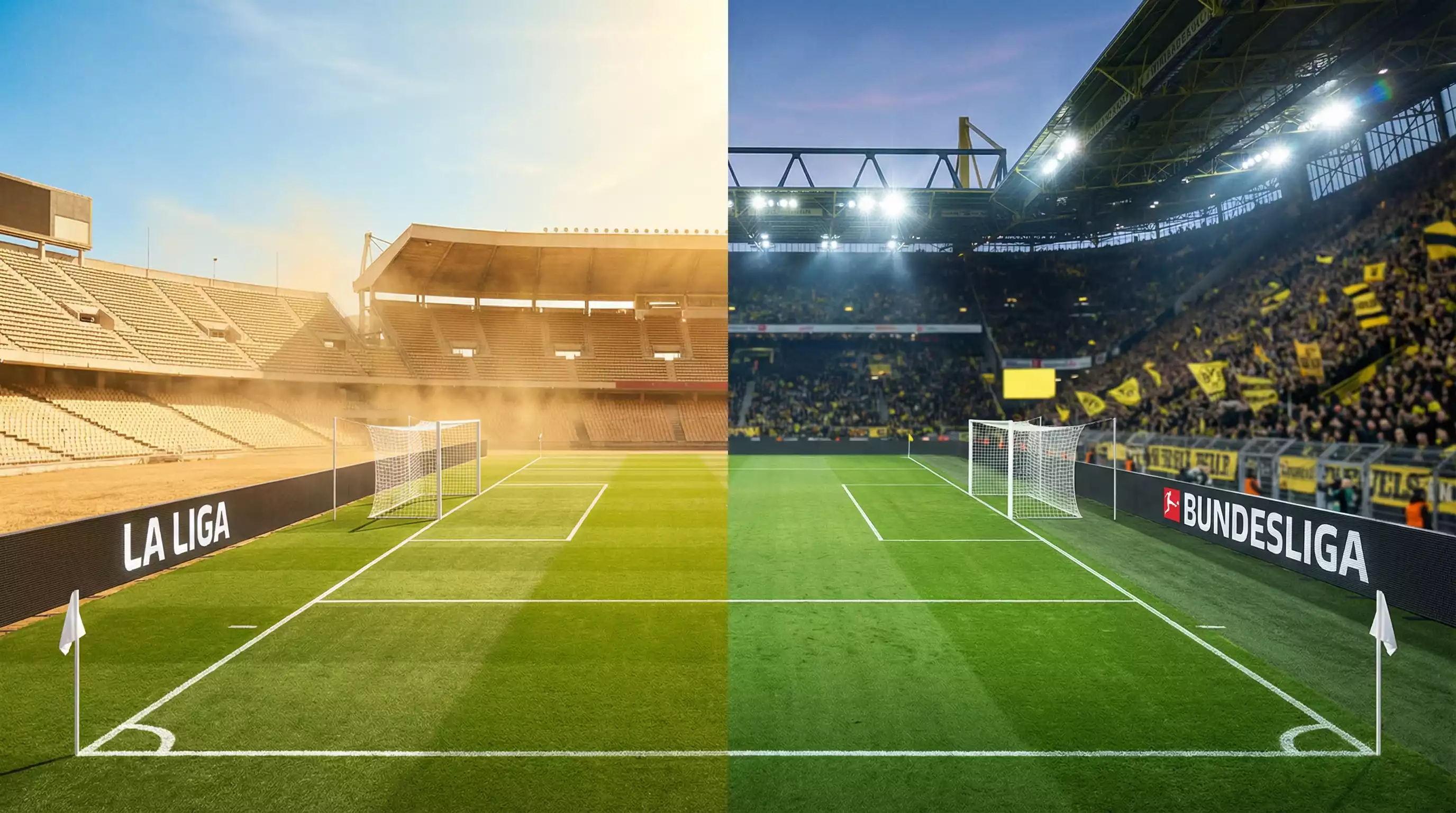 Deux moitiés de terrain de football côte à côte symbolisant deux championnats européens sous un éclairage de stade