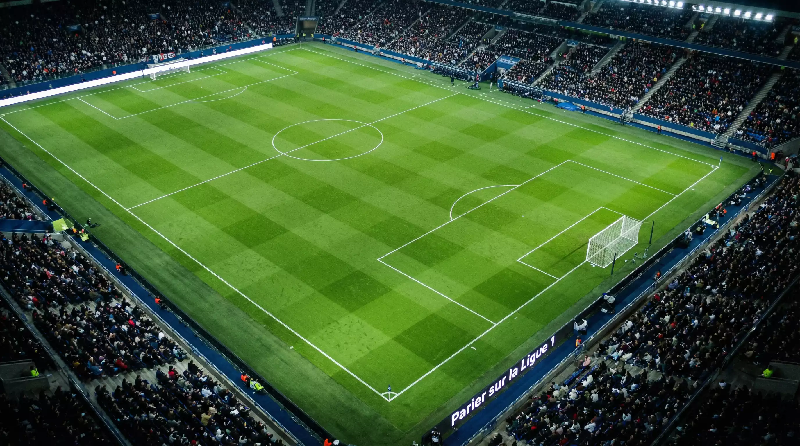 Pelouse d'un stade de football français vue en plongée avec les lignes blanches du terrain sous les projecteurs