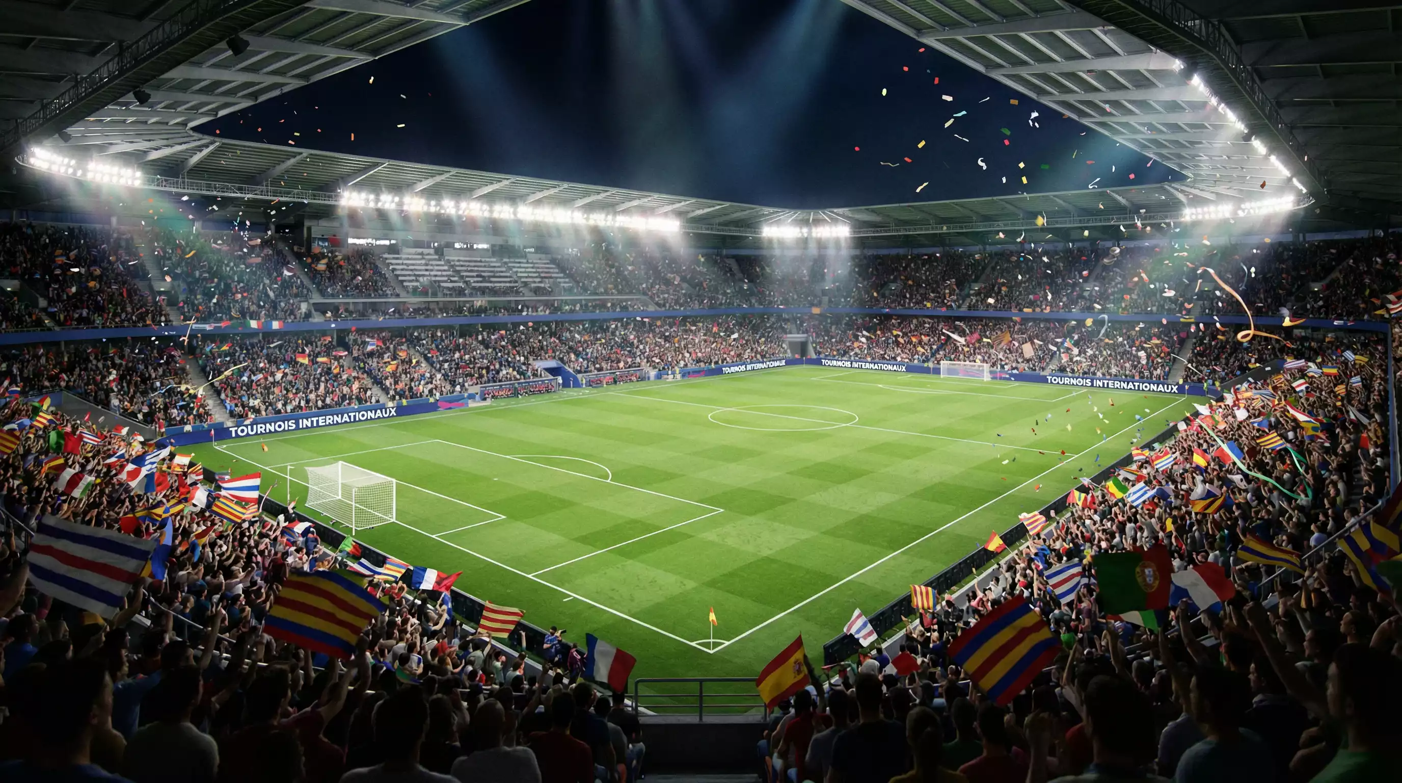 Grand stade de football international comble vu depuis les hauteurs des tribunes avec drapeaux de supporters