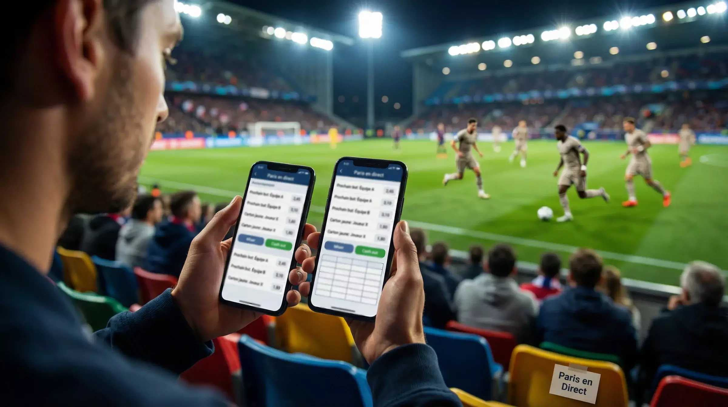 Supporter regardant un match de football en direct sur son smartphone dans un stade éclairé le soir