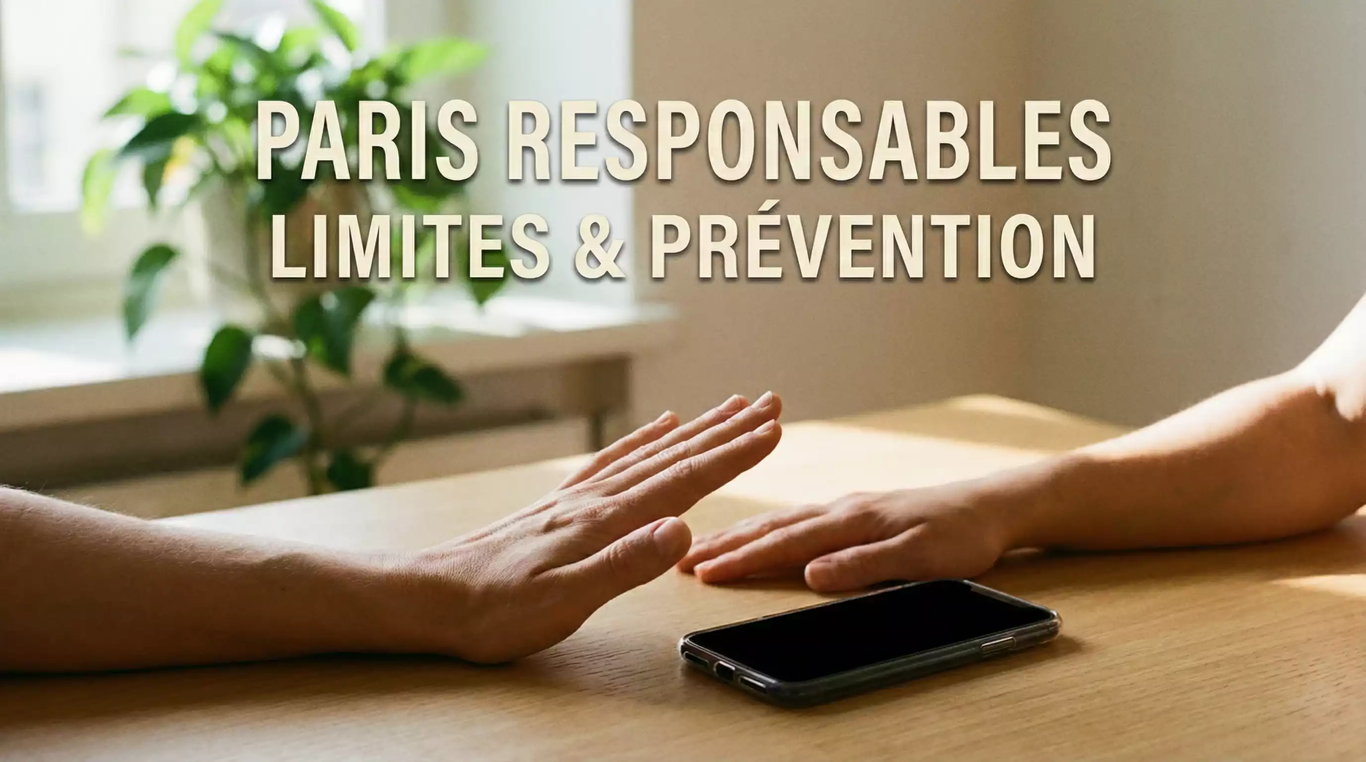 Main posée à plat sur une table en signe de pause avec un smartphone éteint à côté dans une pièce calme