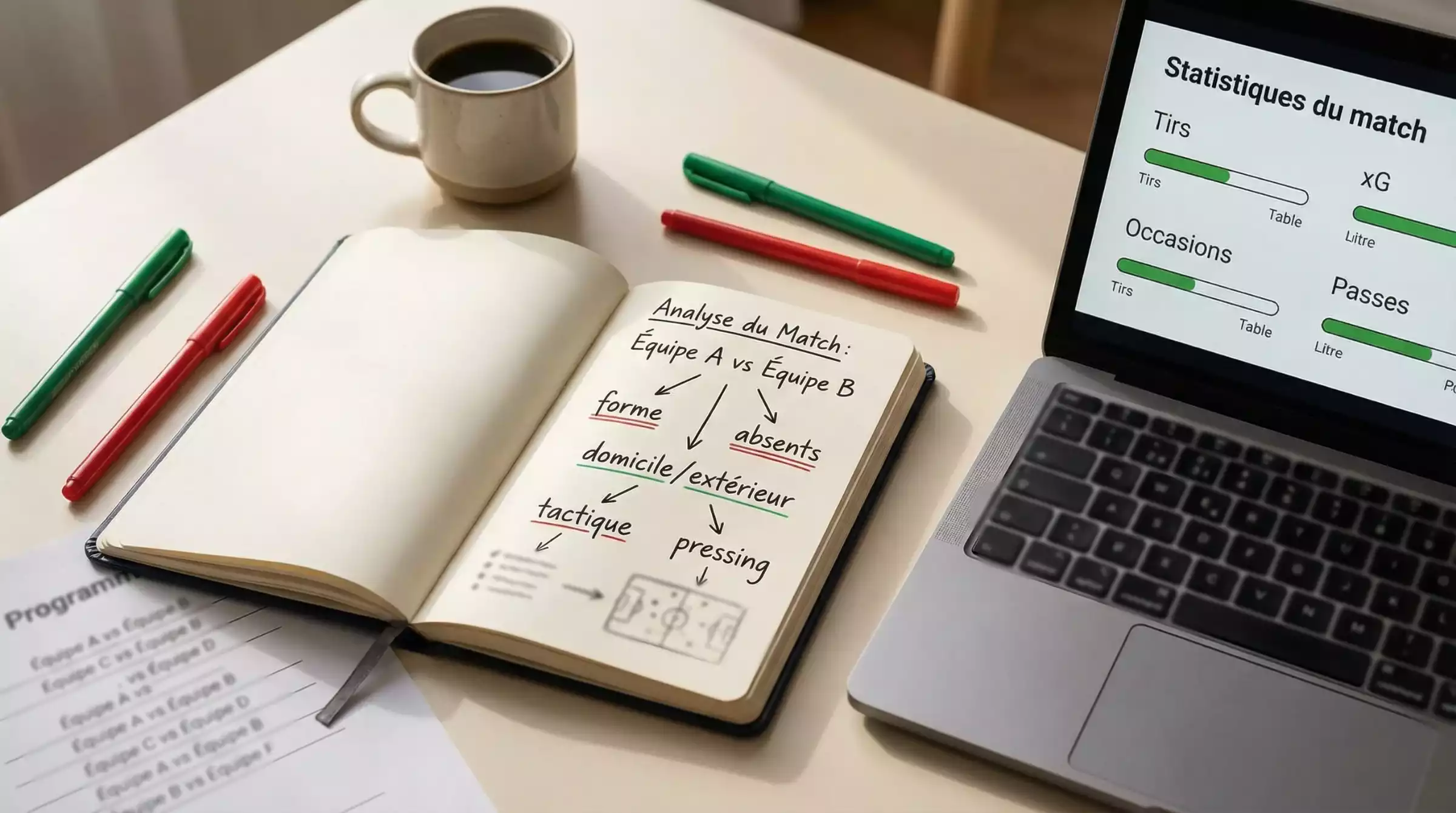 Bureau de travail avec un carnet ouvert rempli de notes manuscrites sur le football et un ordinateur portable en arrière-plan
