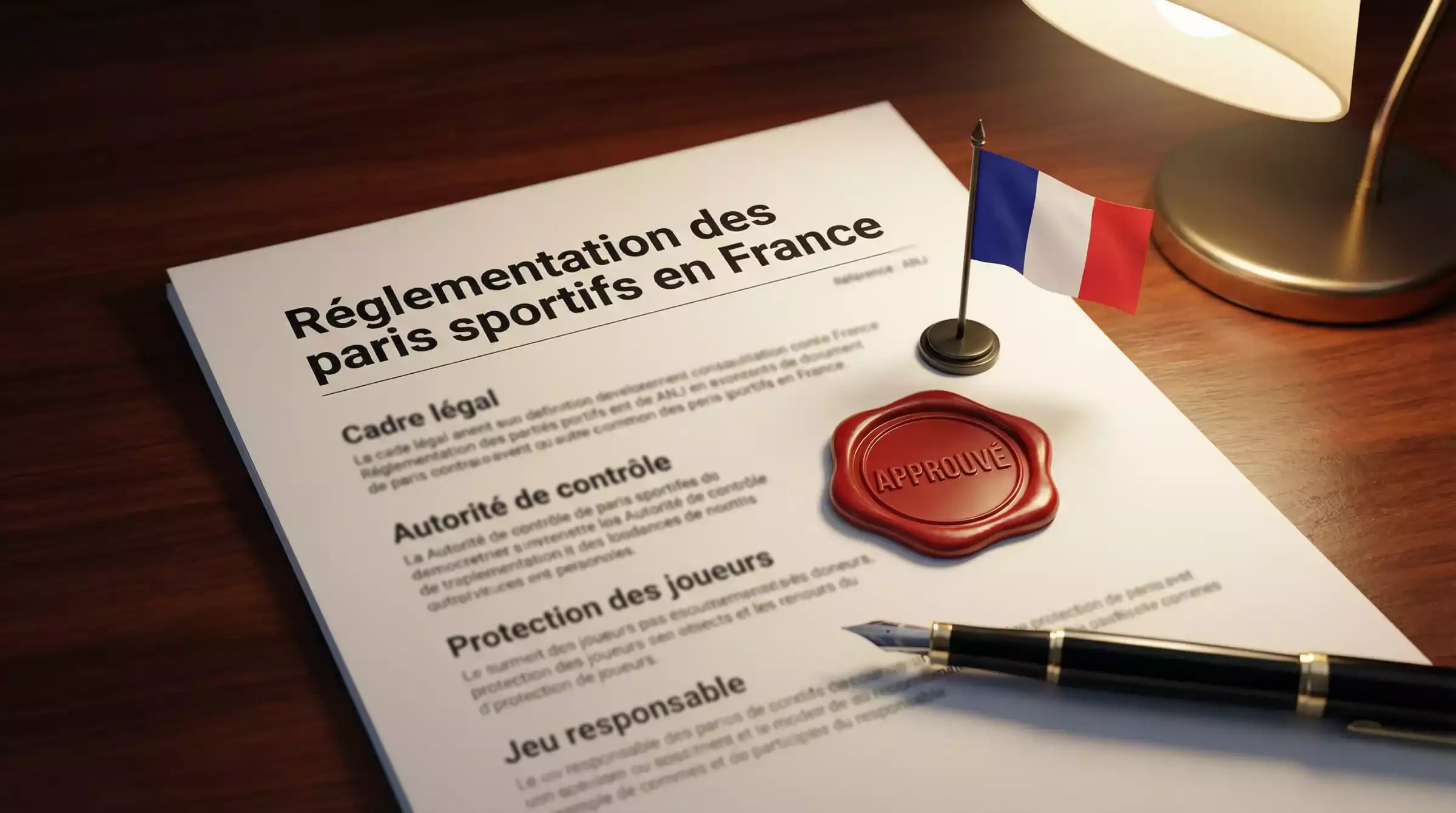 Document officiel avec un tampon d'agrément posé sur un bureau en bois à côté d'un drapeau français miniature