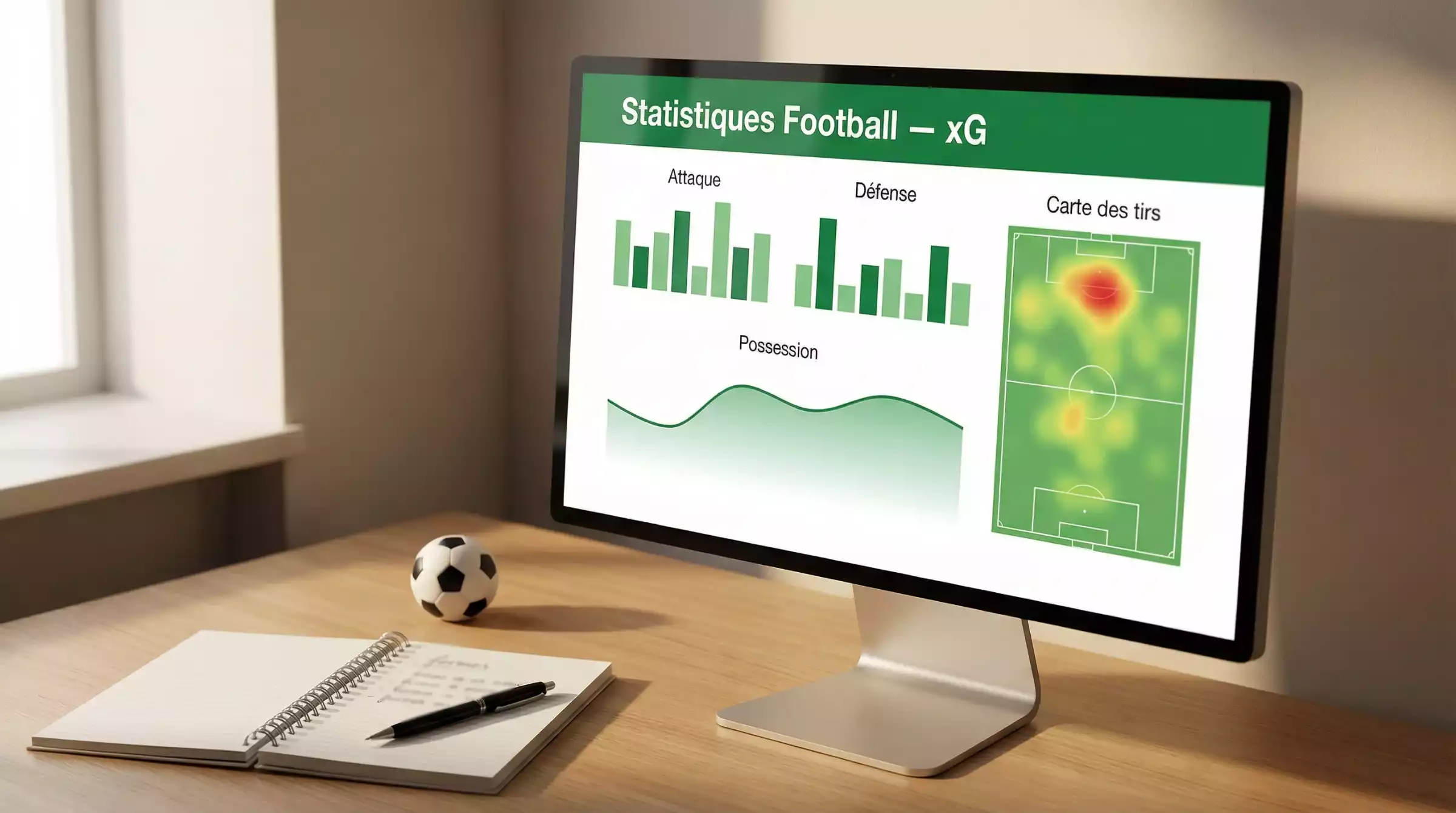 Écran d'ordinateur affichant des graphiques de statistiques de football avec un carnet de notes ouvert à côté