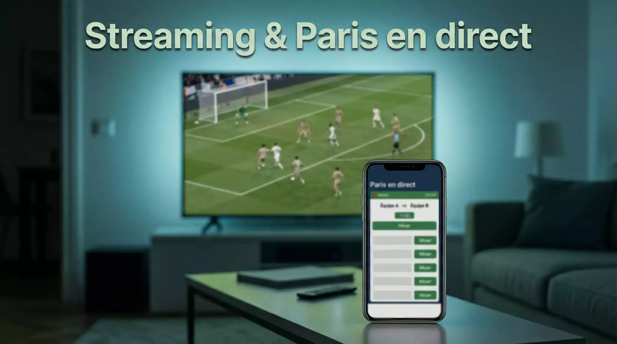 Écran de télévision diffusant un match de football en direct dans un salon avec un smartphone posé devant