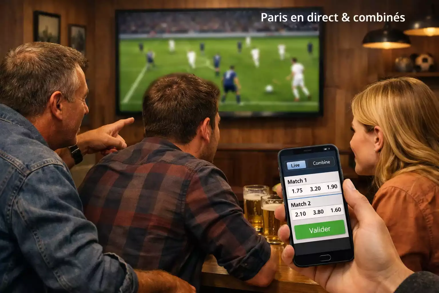 Supporters dans un bar sportif regardant un match de football sur grand écran et consultant des paris sur smartphone