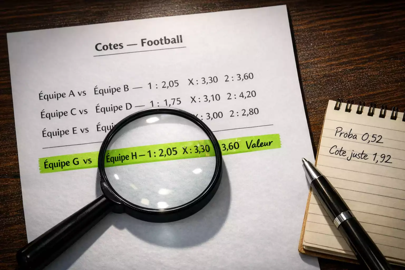 Loupe posée sur une feuille imprimée de cotes de paris football mettant en évidence une ligne surlignée